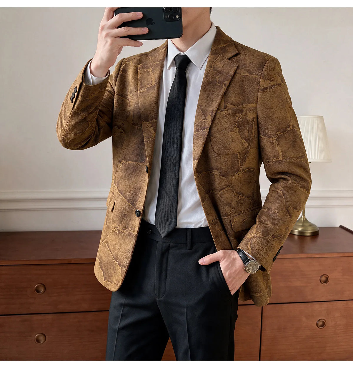 Men's Embossed Suede Blazer Smart Casual Single Breasted Jacket for Everyday Wear