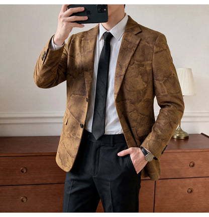 Men's Embossed Suede Blazer Smart Casual Single Breasted Jacket for Everyday Wear