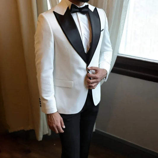 Men Suit White 2 Pieces Single Breasted Black Lapel For Wedding Groom Birthday Banquet Party Business Work Office Jacket Pants