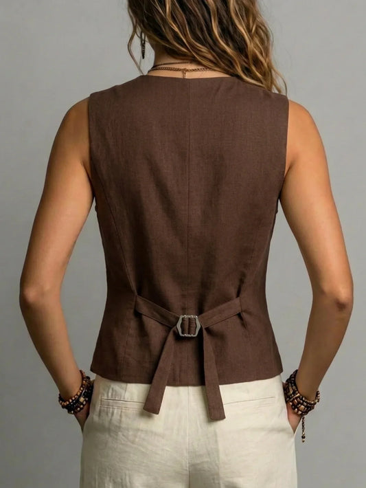Premium Design Faux Pocket Waistcoat for Spring Summer & Autumn, Elegant Unique Sleeveless Vest with Adjustable Back Buckle, Ver