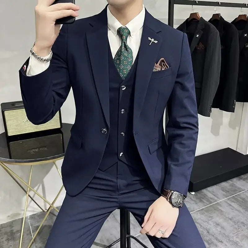 (Jacket +Vest+Pants) Plus Size 7XL-S Men Korean Slim Fit Groom Wedding Business Casual Tuxedo Mens Work Social Suit 3 Pieces