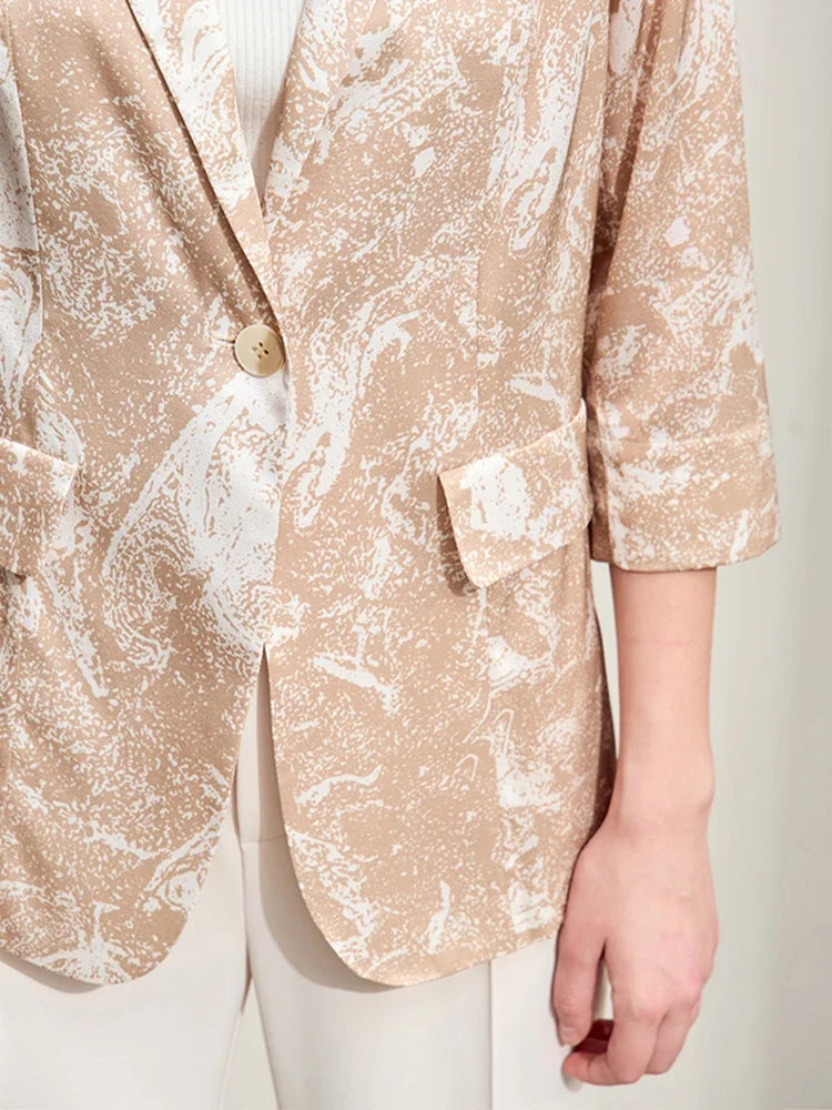 Minimalism Silk Blazers 2026 Summer Notched Printed Basic Fashion Jacket Three Quarter Women Office Lady Blouse 12452146