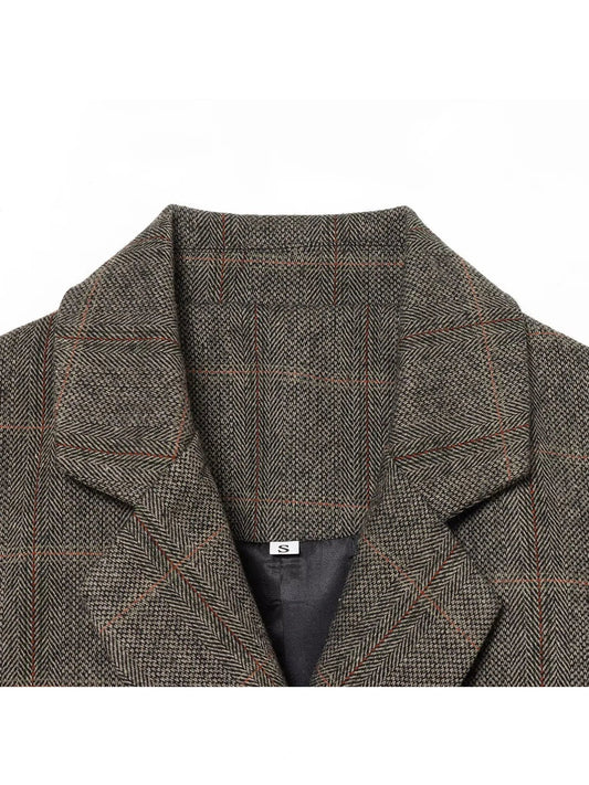 Women's Brown Plaid Blazer Jacket Y2k Harajuku 2000s Vintage Long Sleeve Single Breasted Suit Coat Outerwear Autum Clothes 2025