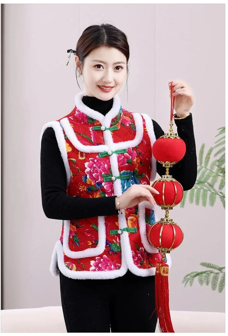 Middle-aged Mother Add Velvet Warm Vest Coat Autumn Winter New Printed Fleece Sleeveless Jacket Grandma Thicken Warm Waistcoat
