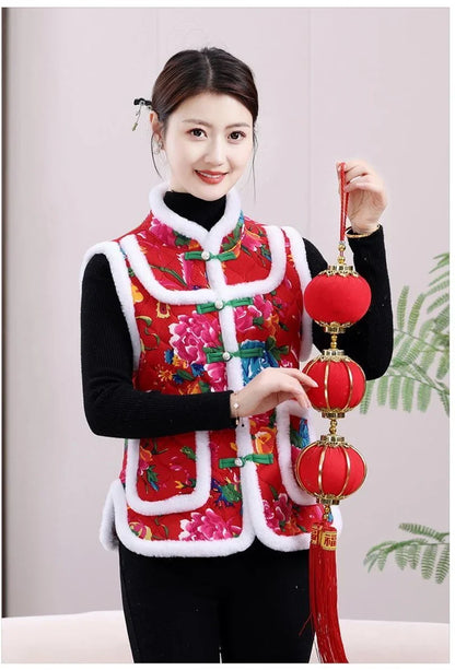 Middle-aged Mother Add Velvet Warm Vest Coat Autumn Winter New Printed Fleece Sleeveless Jacket Grandma Thicken Warm Waistcoat