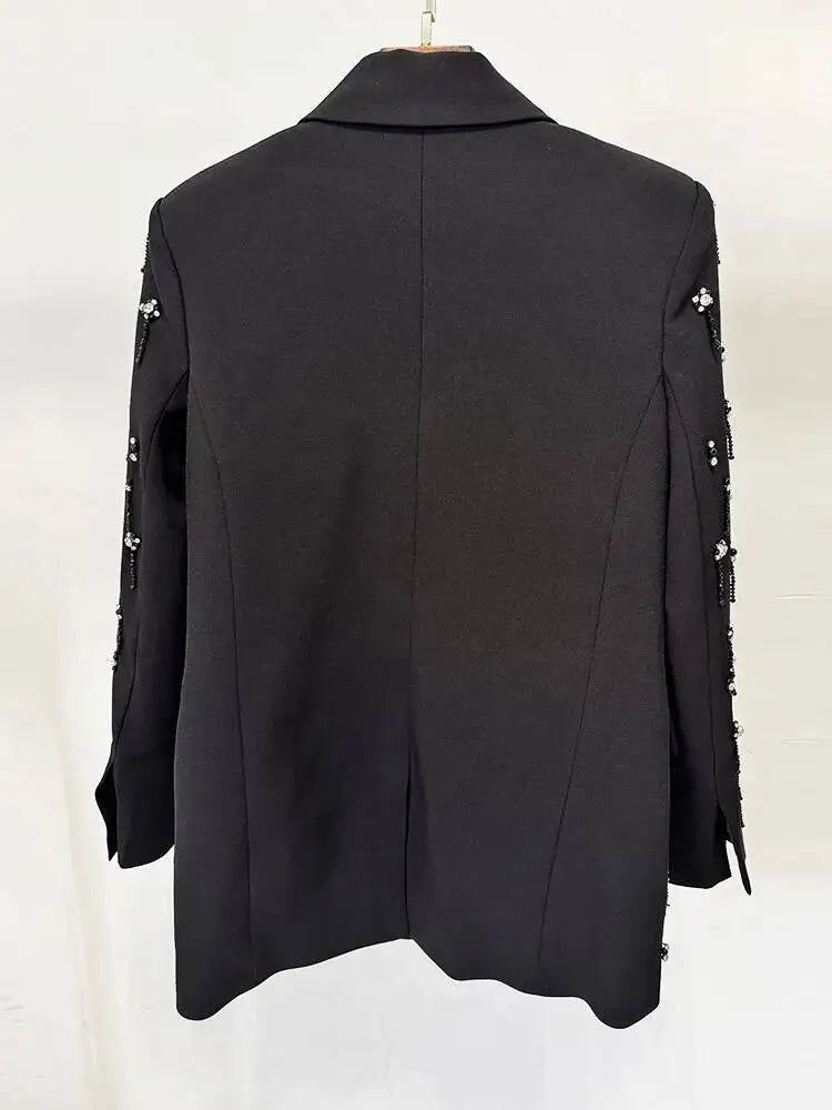 Solid Blazer Women Beaded Rhinestone Embellished Lapel Long Sleeve Dangling Charms Formal Evening Party Suit Jacket 2026