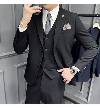 Men's 3 Piece Suit Set Double‑Button Slim Fit Solid Color Business Casual Wedding Party Jacket Vest Pants Formal Outfit for Men