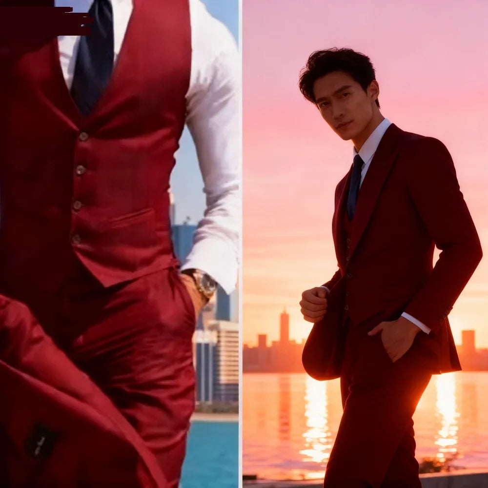 3PCS Men's Formal Tuxedo Set with Peaked Lapel Blazer Vest Pant  Fashion Business Suits For Party Wedding Groom