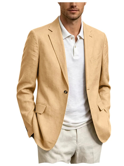 Men's Linen Blend Blazer One Button Lightweight Casual Business Suit Jacket Slim Fit Formal Sport Coat For Wedding Party Office