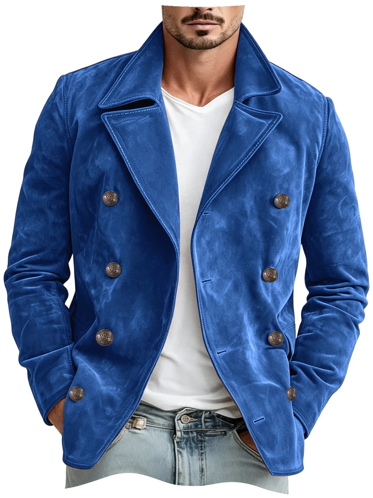 Men Faux Suede Jacket Double Breasted Lapel Collar Casual Blazer Vintage Comfort Business Office Autumn Winter Fashion Male Coat