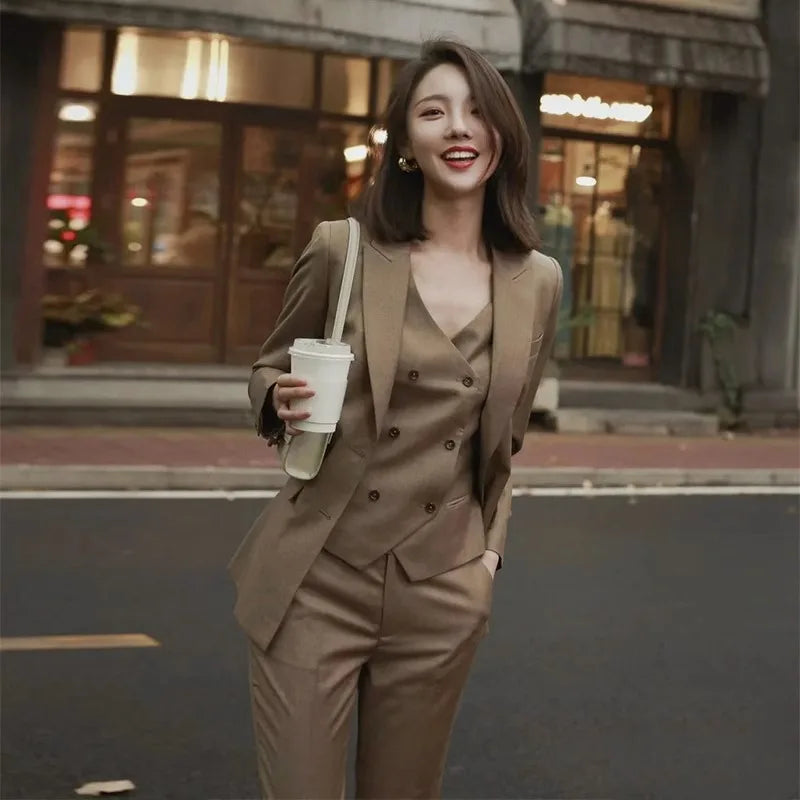 Elegant Brown Women's Suit Jacket Vest Pants Autumn New Style Hostess Sound Art Examination Workwear High Waist Long Pants Set