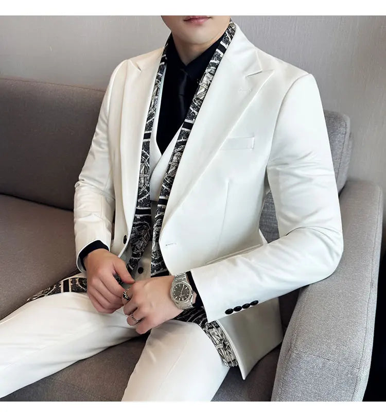 Double Collar Suit Set 3 Pieces Business Formal Casual Suits Vest Trousers Office Work Party Prom Wedding Groomsmen Clothing