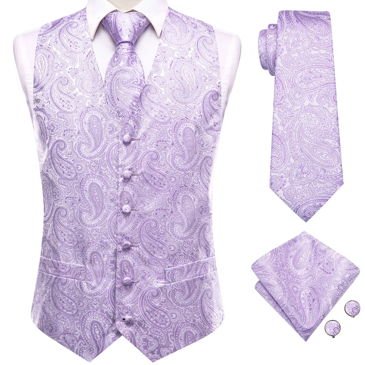 Men's Jacquard Floral Waistcoat Set with Tie, Pocket Square & Cufflinks – Purple Paisley, Wedding & Business