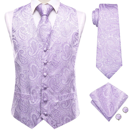 Men's Jacquard Floral Waistcoat Set with Tie, Pocket Square & Cufflinks – Purple Paisley, Wedding & Business