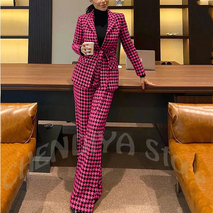 New Houndstooth Suit Two Pieces Regular Fitted Straight Peaked Lapel Fashion Jacket with Blazer Elegant Lady Sets Customized