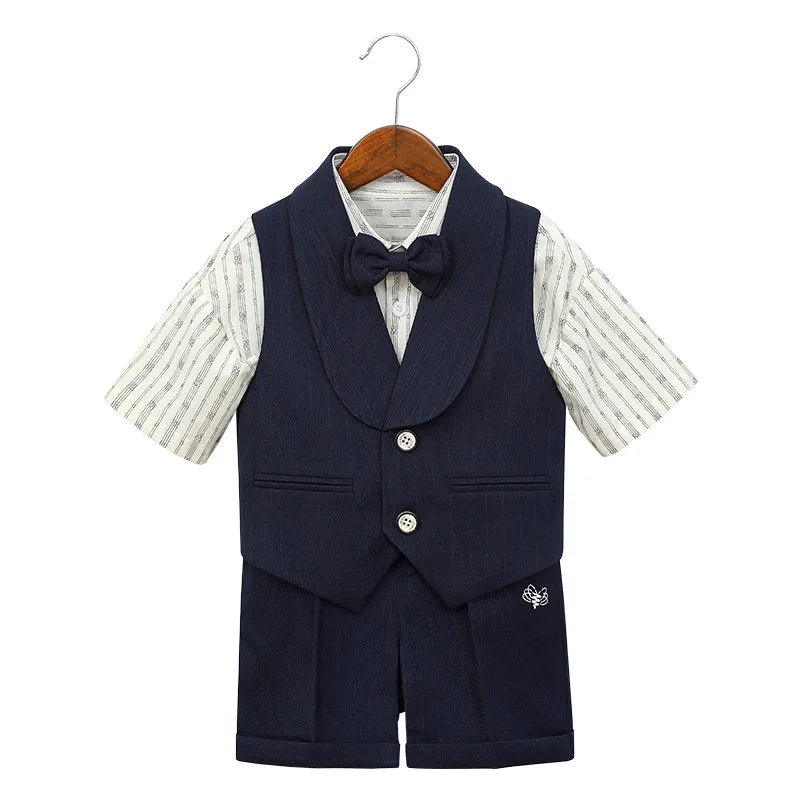 Boys' Summer British Style Suit Vest Set Flower Boy First Birthday Outfit Boys' Children's Day Host Piano Performance Costume