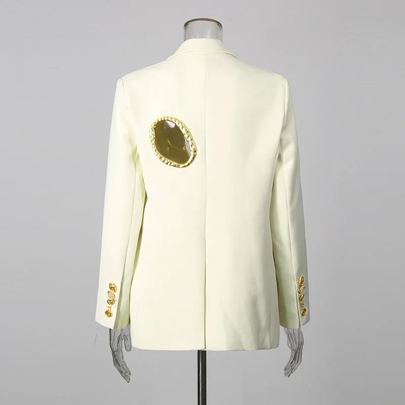 Women Blazer Elegant Fashion Metal Hollow Out Design Long Sleeve Loose Versatile Trendy Suit-Coat Spring Autumn New HK26606