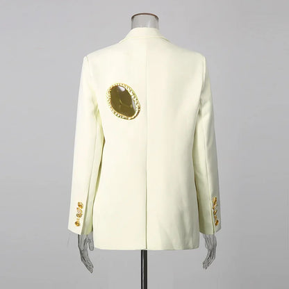 Women Blazer Elegant Fashion Metal Hollow Out Design Long Sleeve Loose Versatile Trendy Suit-Coat Spring Autumn New HK26606