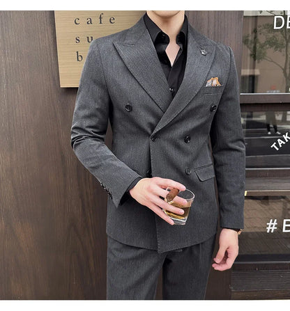 (Jacket+Pant) Fashion Double Breasted Design Men's Slim Fit Suits High Quality Italian Style Wedding Social Tuxedo Men Clothing