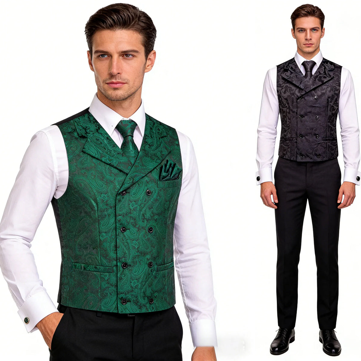 Men's Vest Tie Hanky Cufflinks Set – Black Green Jacquard Floral Paisley – Wedding & Banquet