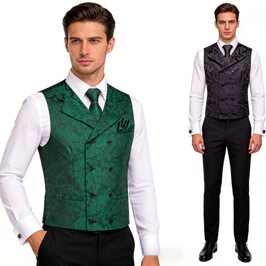 Men's Vest Tie Hanky Cufflinks Set – Black Green Jacquard Floral Paisley – Wedding & Banquet