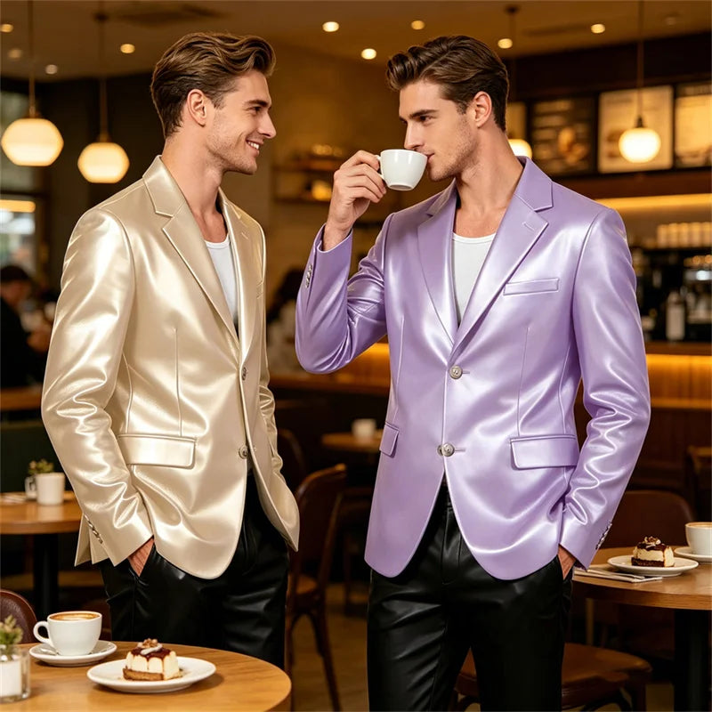 Men's Faux Leather Blazer Single Breasted Slim Jacket Fit Formal Outer Jacket for Business Wedding Party Business Daily Wear