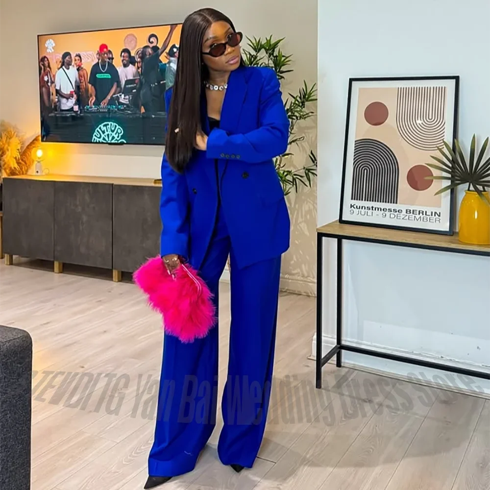Royal Blue Double Breasted Women Suit Set Classic Fit Wide Leg Pants Formal Business Elegant Office Lady Two Piece Outfit Loose