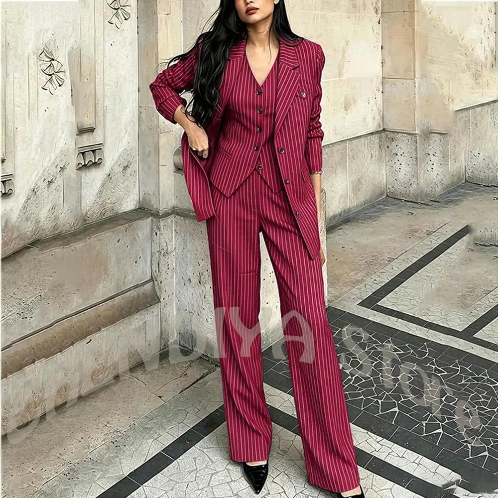 Tailor-Made Striped Suit For Women High Quality Peaked Lapel Single Breasted Three Piece Business Office Lady Formal Outfit