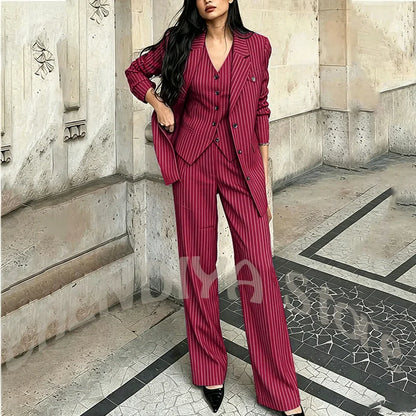 Tailor-Made Striped Suit For Women High Quality Peaked Lapel Single Breasted Three Piece Business Office Lady Formal Outfit