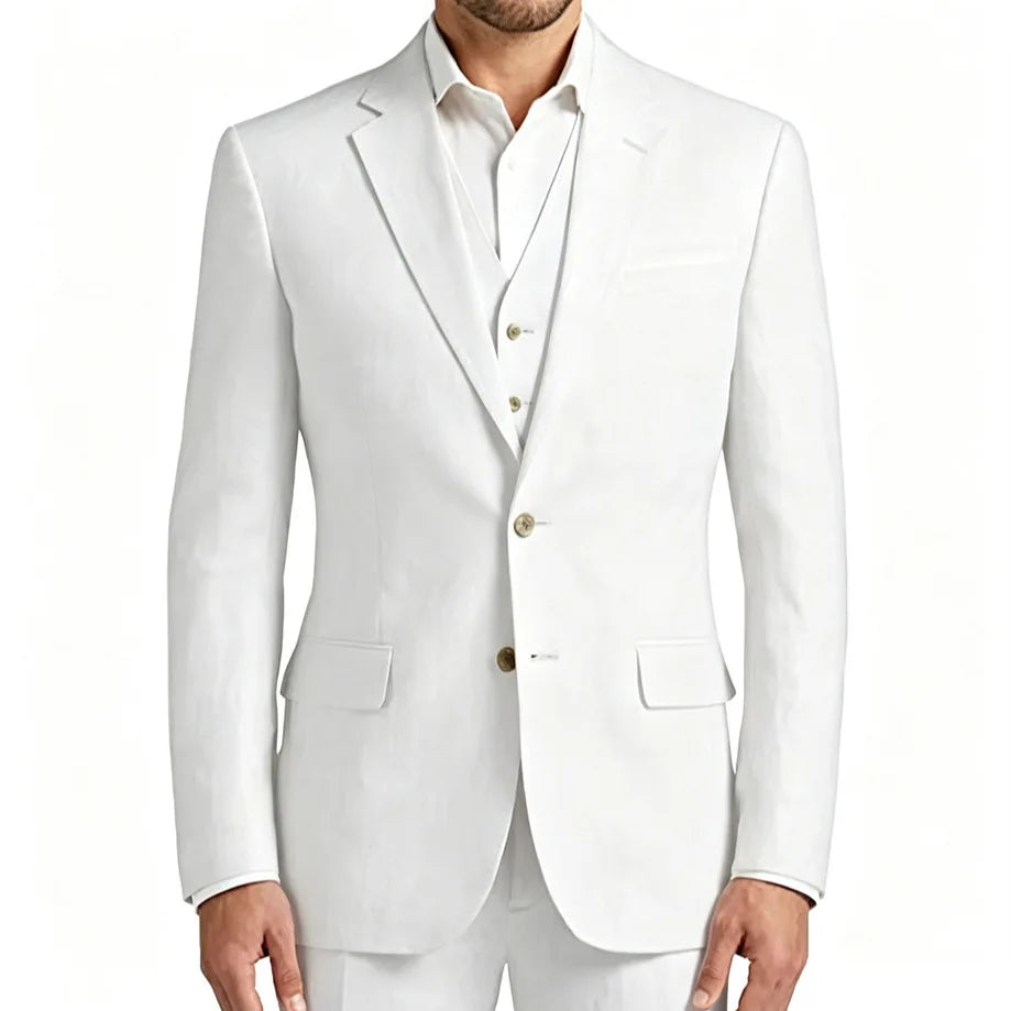 Summer White/Blue Linen Wedding Tuxedo 3 Pieces Prom Men Suits Slim Fit Groom Blazer Vest Trousers Set Beach Wedding Male Suits
