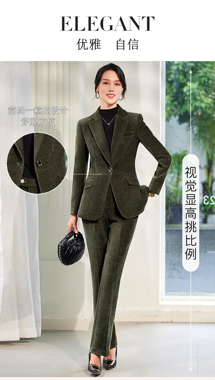 2024 Autumn New Corduroy Elegant Pant Suit Ladies Formal Business Work Wear 2 Piece Set Green Wine Jacket Blazer And Trouser