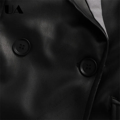 Colorblock Faux Leather Blazer with Notch Lapel Cuff Straps for Street Style Fashion Week Suit Jacket Club Night Blazer