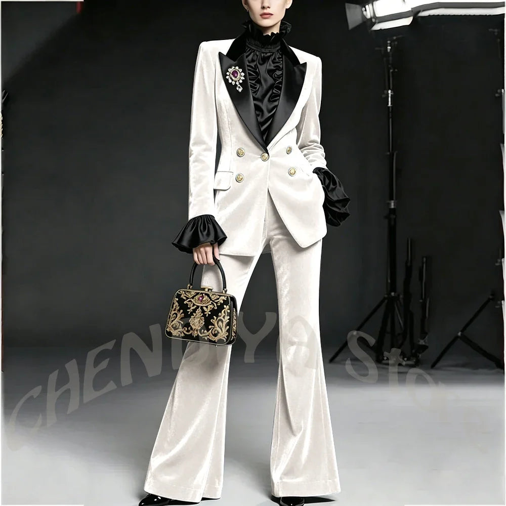 Wine Red Women Suit Stylish Velvet Elegant Outfit Peaked Lapel Blazer Pants Evening Party Prom Female Clothing Two Pieces