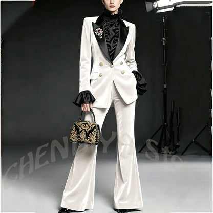 Wine Red Women Suit Stylish Velvet Elegant Outfit Peaked Lapel Blazer Pants Evening Party Prom Female Clothing Two Pieces