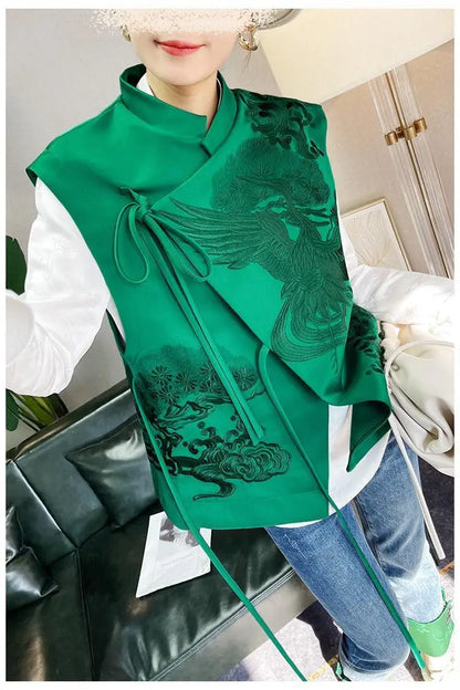 Vintage Chinese Style Vest Outerwear White Crane Embroidered Lacing Waistcoat 2025 Spring Summer Elegant Women's Clothing