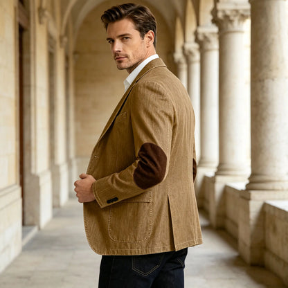 Men's Denim Blazer Suit with Suede Elbow Patches – Slim Fit, Casual & Business Wear