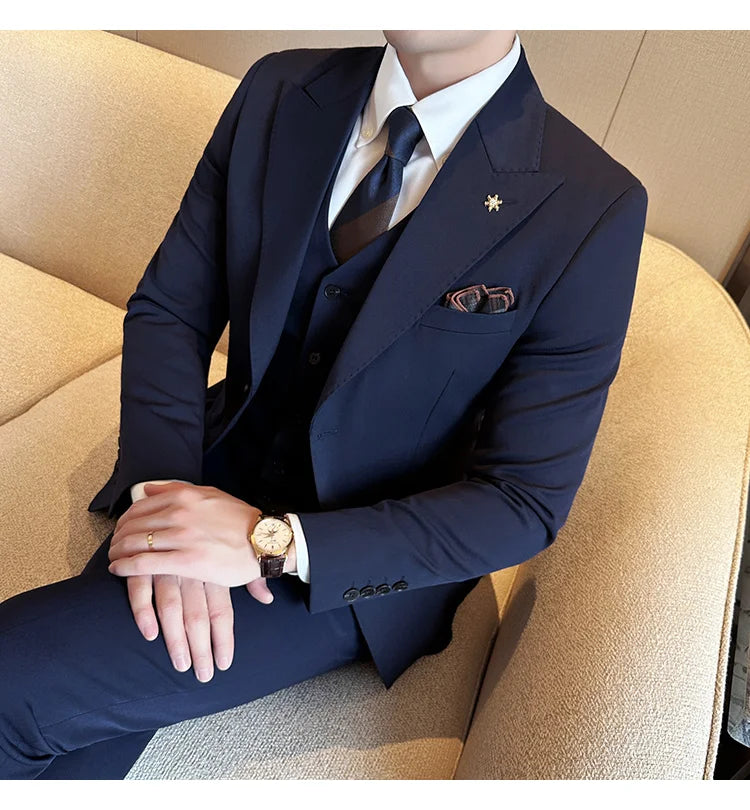 (Blazer + Vest + Trousers) 2024 New Men Formal Business Solid Suit 3 Pieces Set Italian Style Luxury Wedding Social Party Tuxedo
