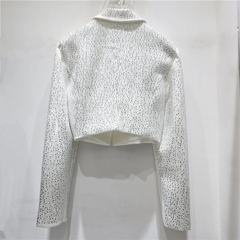 Women Short Blazer Trend Heavy Diamonds Shoulder Pad Design Niche Stylish Elegant High Street Long Sleeve Suit-Coat HK26338