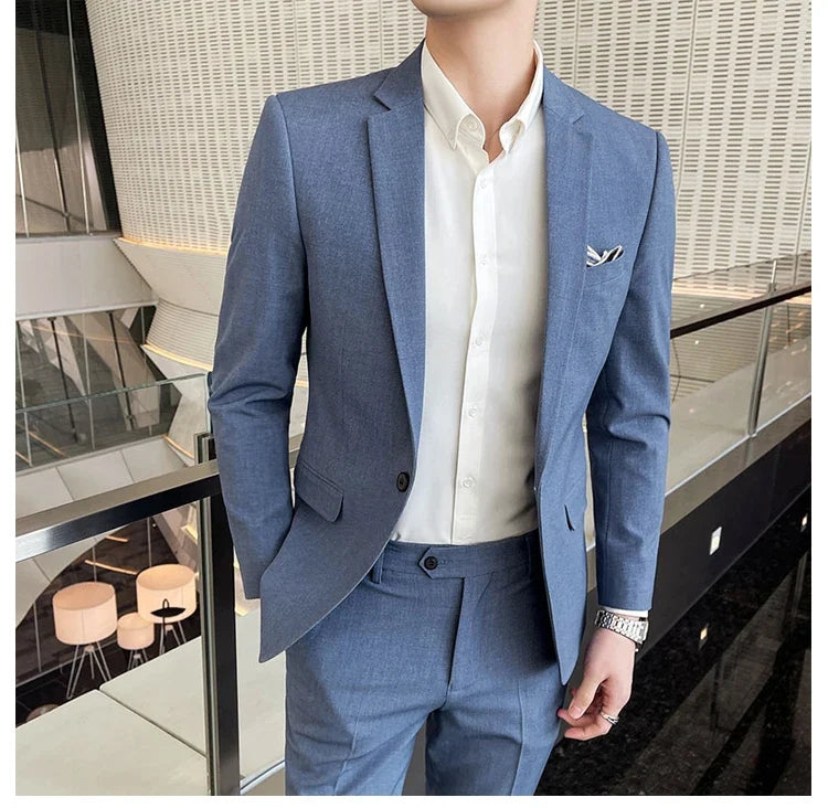 Men's Slim Fit Solid Color Two-Piece Suit Set for Wedding & Formal Occasions