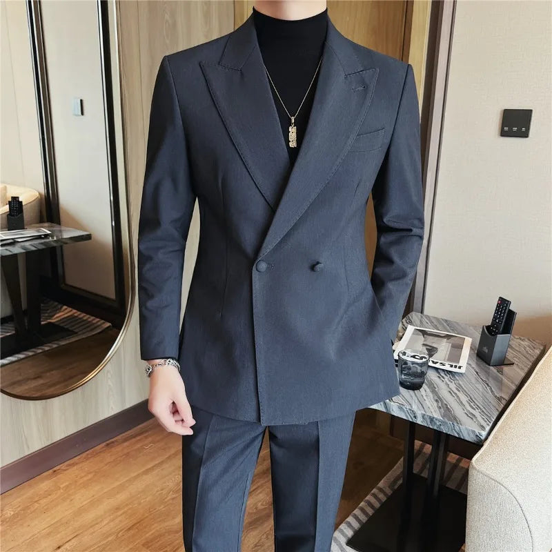 2026 Autumn Double Breasted Men's Slim Fit Business Blazers High-quality Casual Suit Jacket Groom's Wedding Suit Men Clothing
