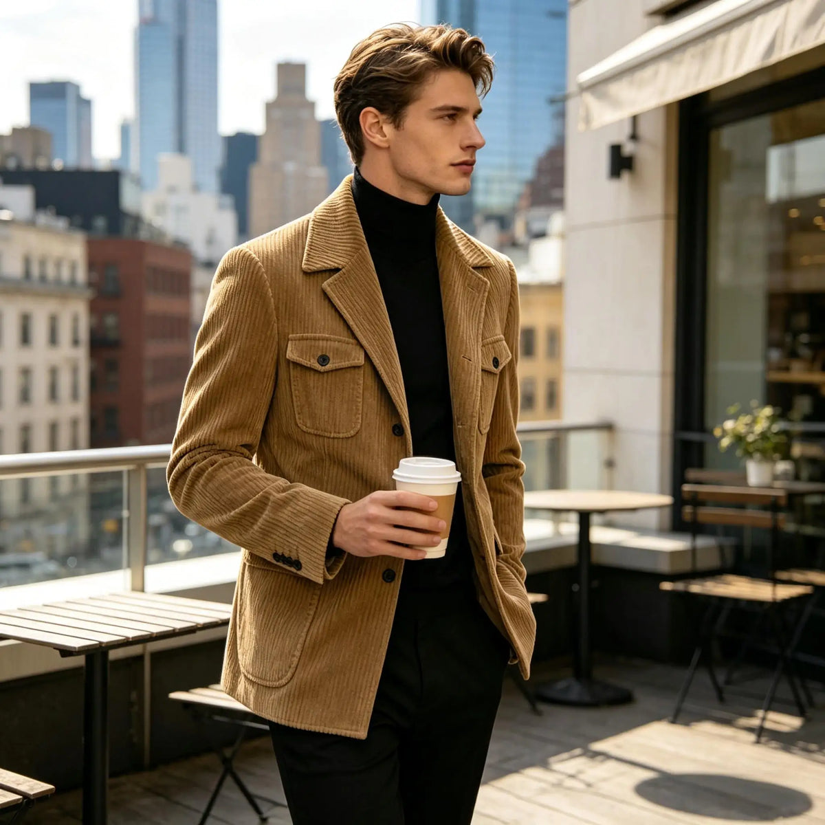 Men's Corduroy Blazer Jacket Slim Fit Notched Lapel Casual Business Coat With Four Flap Pockets For Daily Work Streetwear