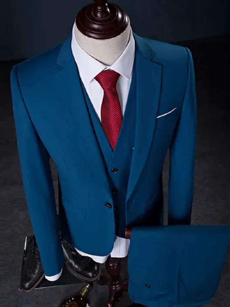 High Quality 3 Piece Groom Dress Slim Fit Wedding Evening Men Suits Vest Classic Solid Blue Formal Male Blazer