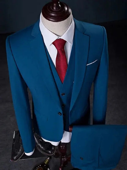 High Quality 3 Piece Groom Dress Slim Fit Wedding Evening Men Suits Vest Classic Solid Blue Formal Male Blazer