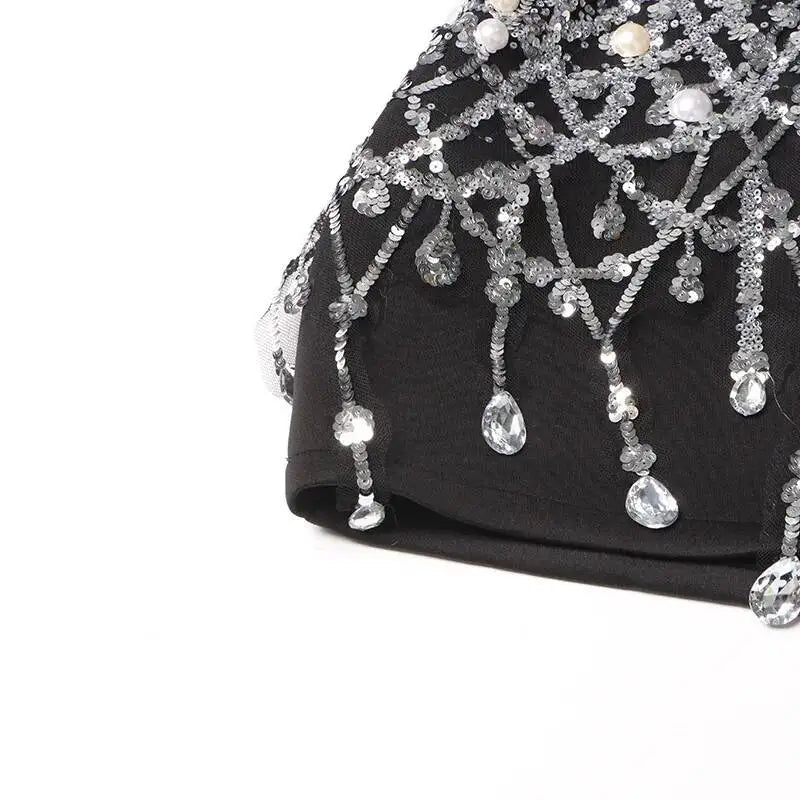 Sexy Socialite Style Blazer Dress 2025 Spring Autumn New Women's Turn-Down Collar Long Sleeve Sequin Diamond Jacket  HK8313