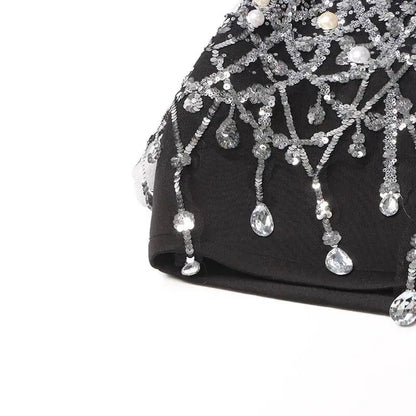 Sexy Socialite Style Blazer Dress 2025 Spring Autumn New Women's Turn-Down Collar Long Sleeve Sequin Diamond Jacket  HK8313