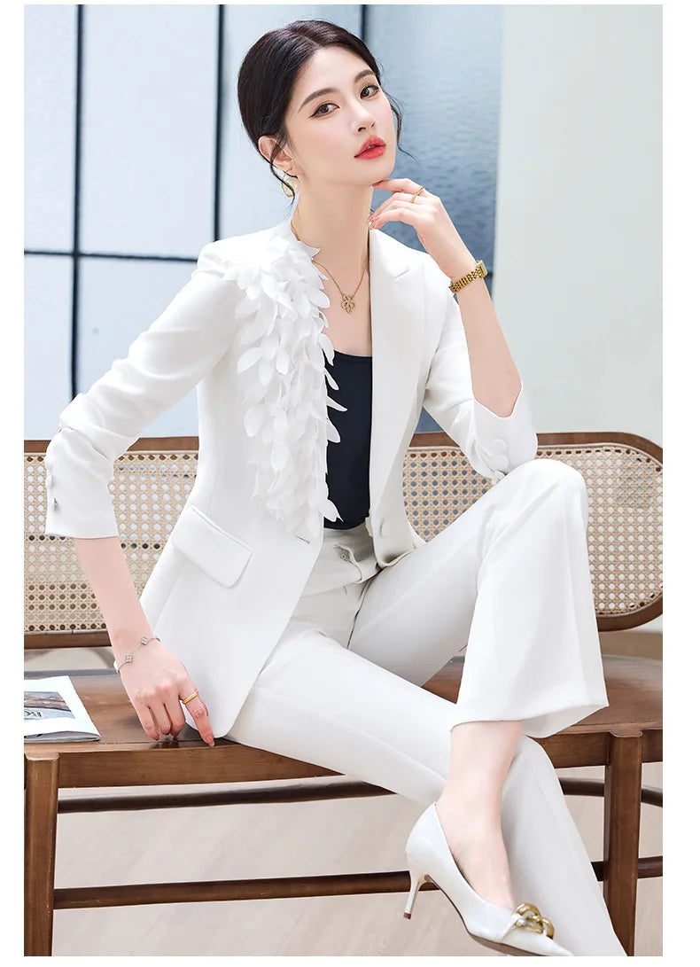 Spring Fashion Office Ladies Blazer and Pants Suit Formal Solid Color Women Jacket Trouser Women Business Work Wear 2 Piece Set