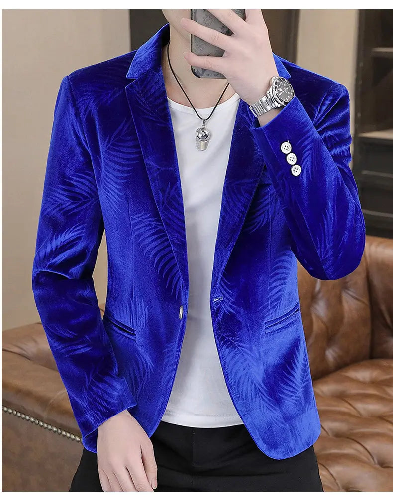Men's Slim Fit Velvet Blazer – Bamboo Leaf Print Smart Casual Suit Jacket