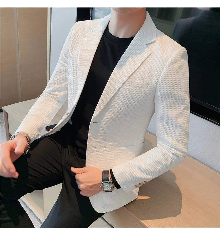 2025 Spring New Waffle Suit Coats Men Slim Fit Business Casual Blazer Jacket Homme Formal Groom Prom Wedding Tuxedo 4XL-M