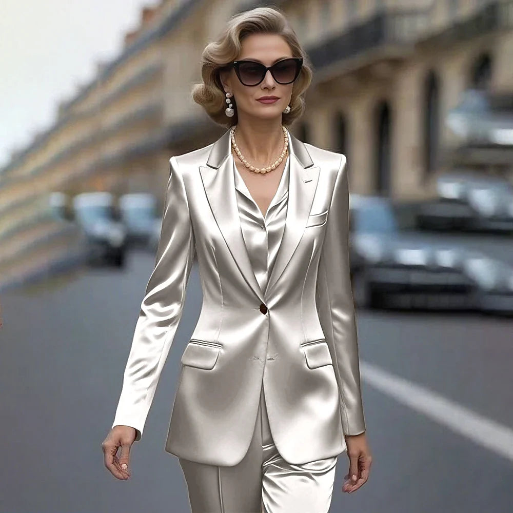 Women's Gold Satin Blazer Suit Set Stylish Single-Breasted Jacket+Pants Luxe Shiny Two-piece for Cocktail Party Wedding Guest