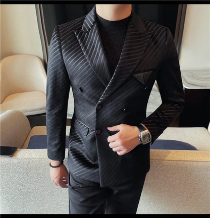 British Style Double Breasted Suit Jacket Men Striped Casual Business Blazers High Quality Wedding Social Banquet Dress Coats